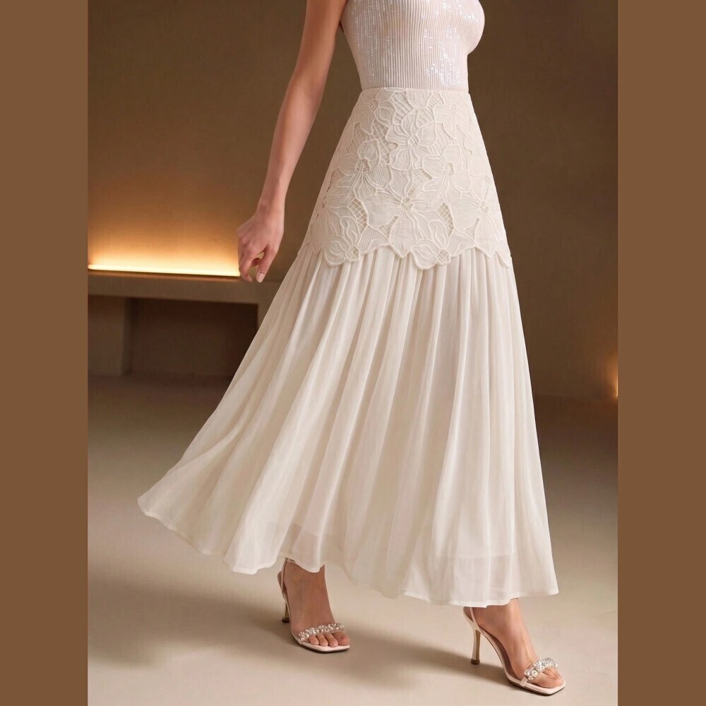 Cream Floral Lace Yoke Scalloped Hem Pleated Flowy Maxi Skirt